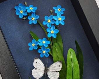 Forget Me Not, Butterfly Mini Framed Art - Blue Floral Wall Art - Gift for Her - Paper Flowers - Botanical Art - Gift for Mum