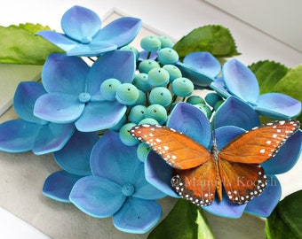 Blue Hydrangea with Queen Butterfly Wall Art - Flower Art - 3D Paper Art - Paper Flowers - Paper Anniversary - Blue Flowers