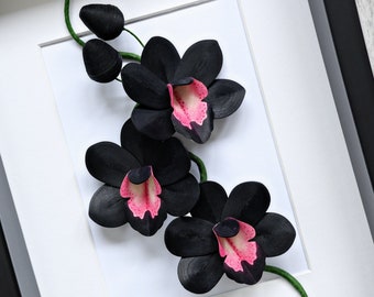 Black Orchids Wall Art - Tropical Flowers Decor - Black Flowers - 3D Paper Quilling - Paper Anniversary Gift - Framed Botanical Art