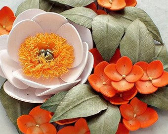 Peony Hydrangea Flowers Wall Art - Quilling Paper 3D Flowers Botanical Illustration - Orange White Decor - Paper Anniversary Gift for Her