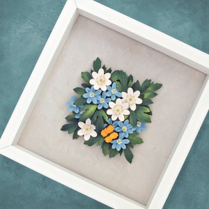 3D Paper Quilling White, Blue Flowers Wall Art Wood Anemone Spring Flowers Woodland Decor Original Art 1st Anniversary Gift image 9