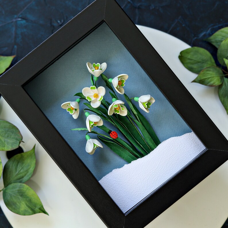Snödroppe, nyckelpiga väggkonst - Januari födelseblomma - Vårblomsterdekoration - Galanthus Nivalis - Januari födelsedagspresentidé - 3D-papperskonst bild 6