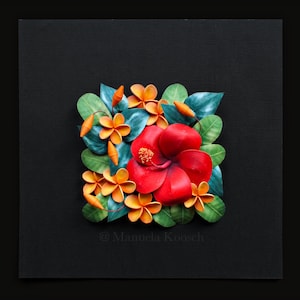 Hibiscus Plumeria Wall Art Tropical Flowers 3D Paper Quilling Colorful Flowers on Black Background Paper Anniversary Gift for Her image 6