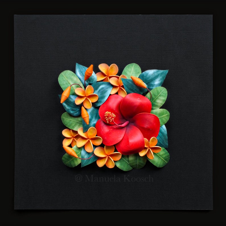 Hibiscus Plumeria Wall Art Tropical Flowers 3D Paper Quilling Colorful Flowers on Black Background Paper Anniversary Gift for Her image 6