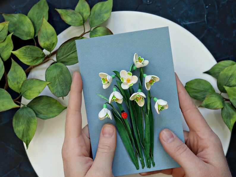 Snödroppe, nyckelpiga väggkonst - Januari födelseblomma - Vårblomsterdekoration - Galanthus Nivalis - Januari födelsedagspresentidé - 3D-papperskonst bild 2