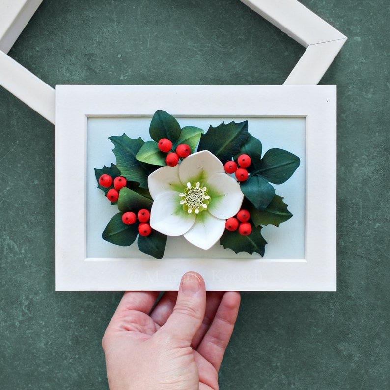 Holly Berry Christmas Rose Hellebore Wall Art Woodland Christmas Winter Decor 3D Paper Quilling Flowers Red Green Holiday Decor image 7