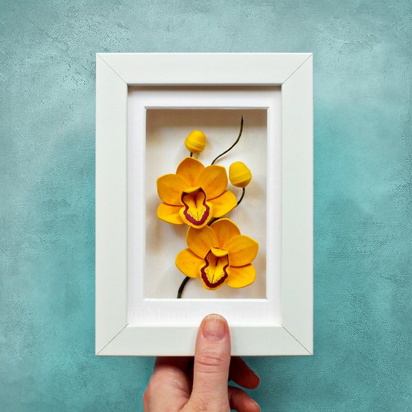 Art mural d’orchidée jaune - Cymbidium Orchid - Décor tropical - Mini cadre - Papier 3D Quilling Orchid Flowers - Cadeau d’anniversaire en papier pour elle