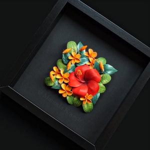 Hibiscus Plumeria Wall Art Tropical Flowers 3D Paper Quilling Colorful Flowers on Black Background Paper Anniversary Gift for Her image 4