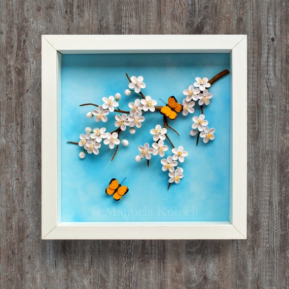 Sakura Wall Art White Cherry Blossom Branch Blue Sky Yellow - Cherry Blossom Wall Decor White Sakura Wall Art White Cherry Blossom Branch Blue Sky Yellow - Cherry Blossom Wall Decor White