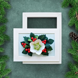 Holly Berry Christmas Rose Hellebore Wall Art Woodland Christmas Winter Decor 3D Paper Quilling Flowers Red Green Holiday Decor image 1