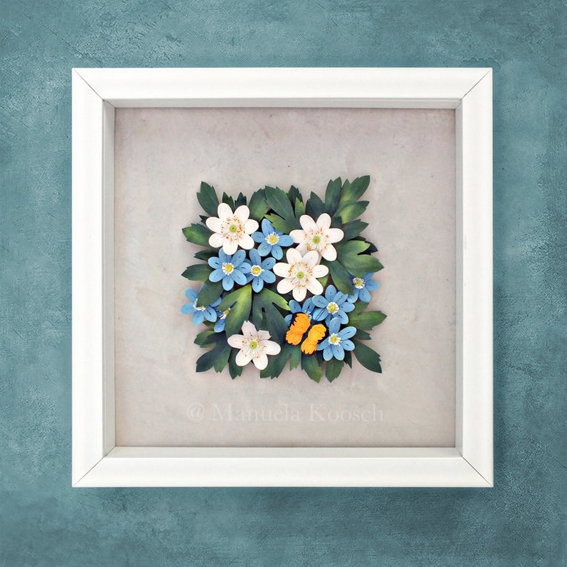 3D Paper Quilling White, Blue Flowers Wall Art Wood Anemone Spring Flowers Woodland Decor Original Art 1st Anniversary Gift image 10