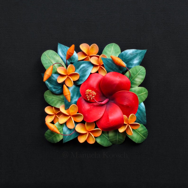 Hibiscus Plumeria Wall Art Tropical Flowers 3D Paper Quilling Colorful Flowers on Black Background Paper Anniversary Gift for Her image 8