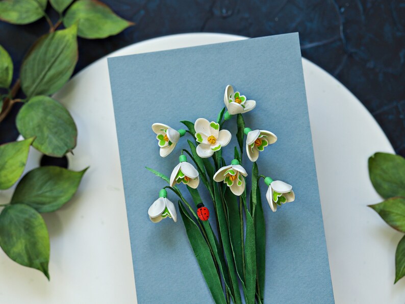 Snödroppe, nyckelpiga väggkonst - Januari födelseblomma - Vårblomsterdekoration - Galanthus Nivalis - Januari födelsedagspresentidé - 3D-papperskonst bild 5