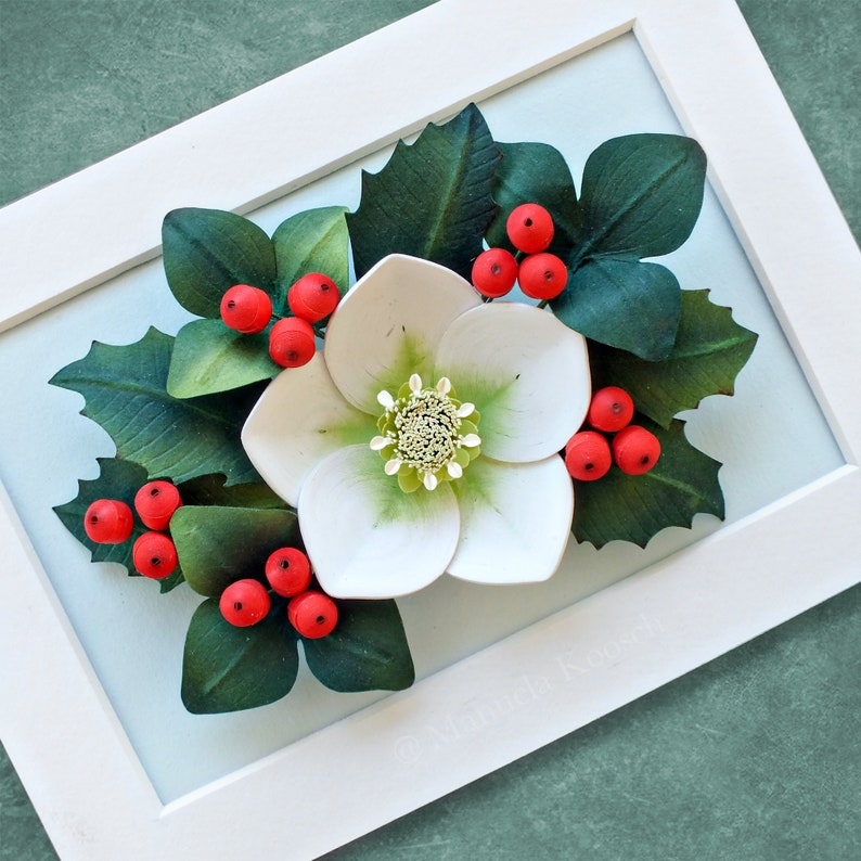 Holly Berry Christmas Rose Hellebore Wall Art Woodland Christmas Winter Decor 3D Paper Quilling Flowers Red Green Holiday Decor image 5