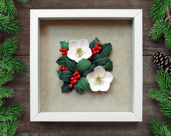 Christmas Rose Holly Berry Wall Art - Woodland Christmas Winter Decor - 3D Paper Quilling - Hellebore Flowers - Red Green Holiday Decor