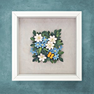 3D Paper Quilling White, Blue Flowers Wall Art Wood Anemone Spring Flowers Woodland Decor Original Art 1st Anniversary Gift image 7