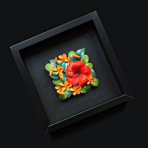 Hibiscus Plumeria Wall Art Tropical Flowers 3D Paper Quilling Colorful Flowers on Black Background Paper Anniversary Gift for Her image 5