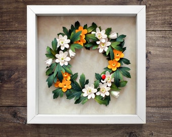 Paper Quilling Flower Wreath - Mother's Day Gift - Woodland Decor - Wild Flowers White, Yellow Wood Anemone - Wedding Anniversary Gift