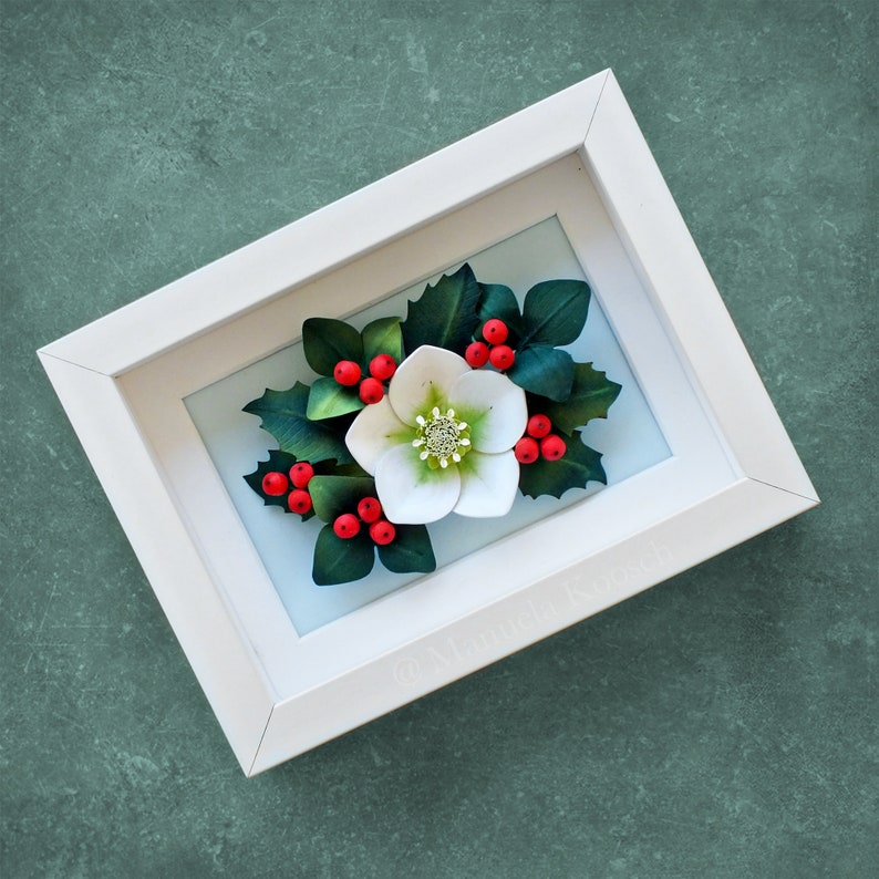 Holly Berry Christmas Rose Hellebore Wall Art Woodland Christmas Winter Decor 3D Paper Quilling Flowers Red Green Holiday Decor image 10