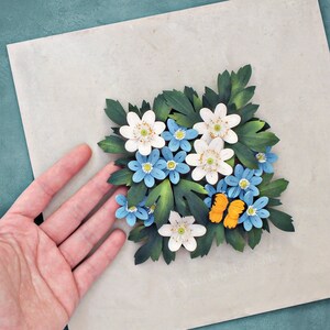 3D Paper Quilling White, Blue Flowers Wall Art Wood Anemone Spring Flowers Woodland Decor Original Art 1st Anniversary Gift image 8