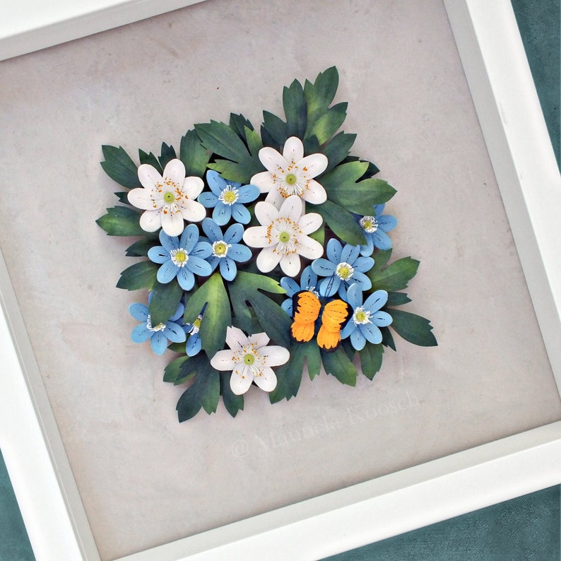 3D Paper Quilling White, Blue Flowers Wall Art Wood Anemone Spring Flowers Woodland Decor Original Art 1st Anniversary Gift image 2