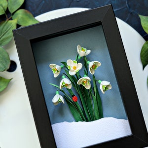 Snödroppe, nyckelpiga väggkonst - Januari födelseblomma - Vårblomsterdekoration - Galanthus Nivalis - Januari födelsedagspresentidé - 3D-papperskonst bild 8