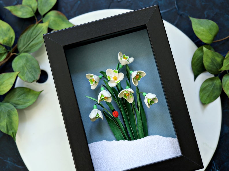 Snödroppe, nyckelpiga väggkonst - Januari födelseblomma - Vårblomsterdekoration - Galanthus Nivalis - Januari födelsedagspresentidé - 3D-papperskonst bild 8