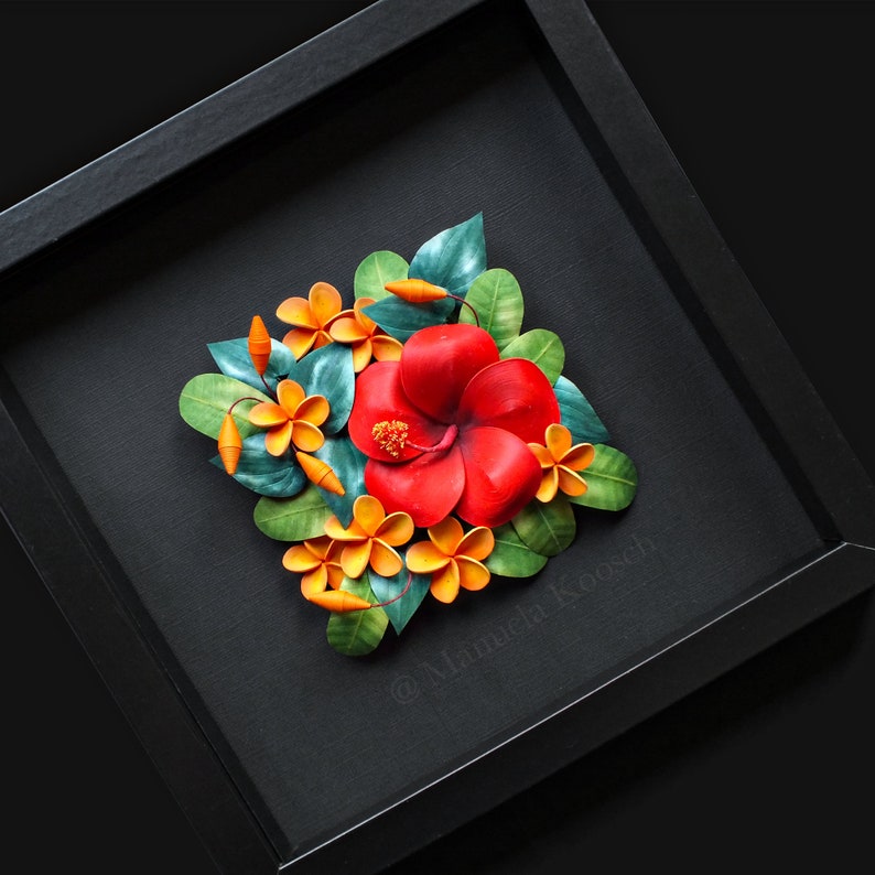 Hibiscus Plumeria Wall Art Tropical Flowers 3D Paper Quilling Colorful Flowers on Black Background Paper Anniversary Gift for Her image 1