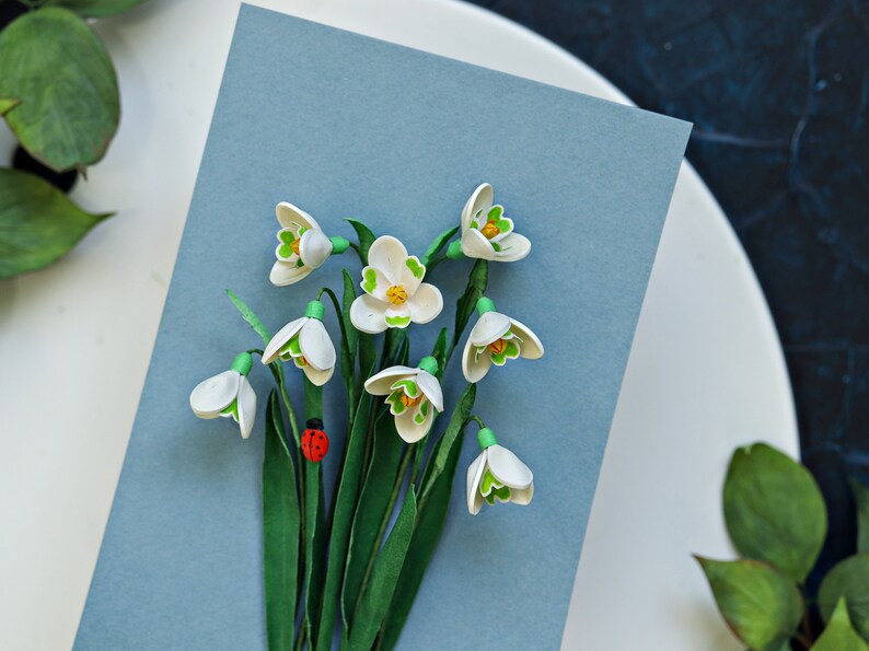 Snödroppe, nyckelpiga väggkonst - Januari födelseblomma - Vårblomsterdekoration - Galanthus Nivalis - Januari födelsedagspresentidé - 3D-papperskonst bild 4