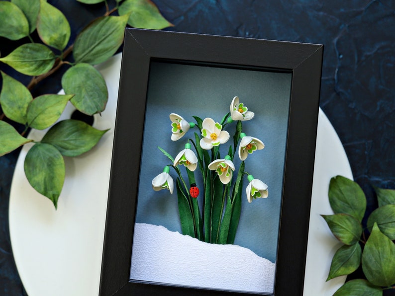 Snödroppe, nyckelpiga väggkonst - Januari födelseblomma - Vårblomsterdekoration - Galanthus Nivalis - Januari födelsedagspresentidé - 3D-papperskonst bild 1