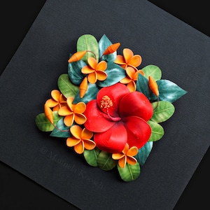 Hibiscus Plumeria Wall Art Tropical Flowers 3D Paper Quilling Colorful Flowers on Black Background Paper Anniversary Gift for Her image 7