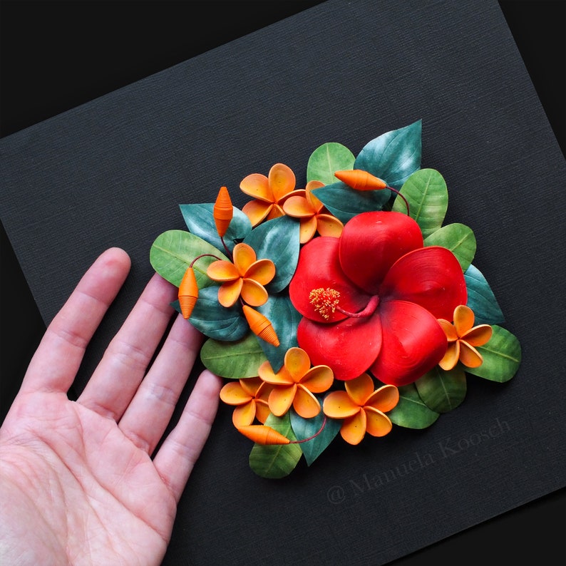 Hibiscus Plumeria Wall Art Tropical Flowers 3D Paper Quilling Colorful Flowers on Black Background Paper Anniversary Gift for Her image 9