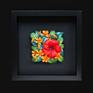 Hibiscus Plumeria Wall Art Tropical Flowers 3D Paper Quilling Colorful Flowers on Black Background Paper Anniversary Gift for Her image 2