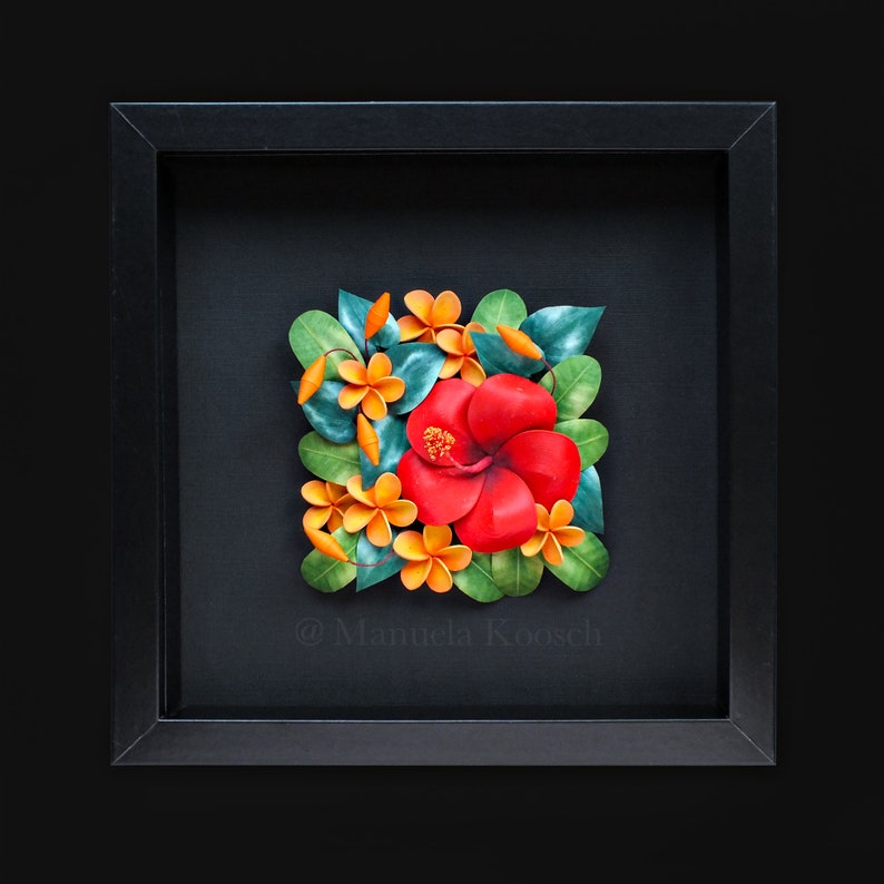 Hibiscus Plumeria Wall Art Tropical Flowers 3D Paper Quilling Colorful Flowers on Black Background Paper Anniversary Gift for Her image 2