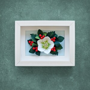 Holly Berry Christmas Rose Hellebore Wall Art Woodland Christmas Winter Decor 3D Paper Quilling Flowers Red Green Holiday Decor image 9