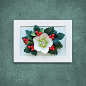 Holly Berry Christmas Rose Hellebore Wall Art Woodland Christmas Winter Decor 3D Paper Quilling Flowers Red Green Holiday Decor image 2