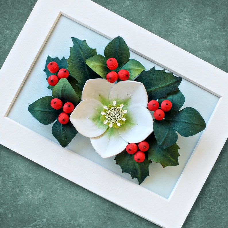 Holly Berry Christmas Rose Hellebore Wall Art Woodland Christmas Winter Decor 3D Paper Quilling Flowers Red Green Holiday Decor image 6