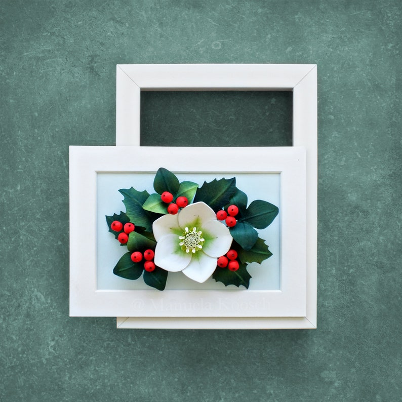 Holly Berry Christmas Rose Hellebore Wall Art Woodland Christmas Winter Decor 3D Paper Quilling Flowers Red Green Holiday Decor image 8