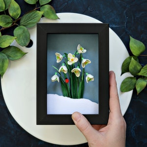 Snödroppe, nyckelpiga väggkonst - Januari födelseblomma - Vårblomsterdekoration - Galanthus Nivalis - Januari födelsedagspresentidé - 3D-papperskonst bild 7