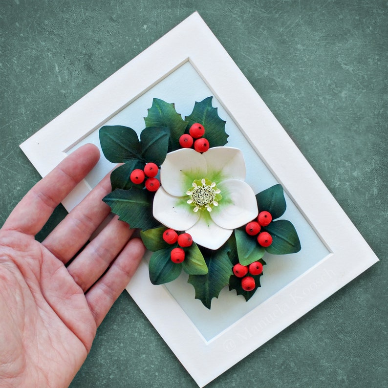 Holly Berry Christmas Rose Hellebore Wall Art Woodland Christmas Winter Decor 3D Paper Quilling Flowers Red Green Holiday Decor image 4