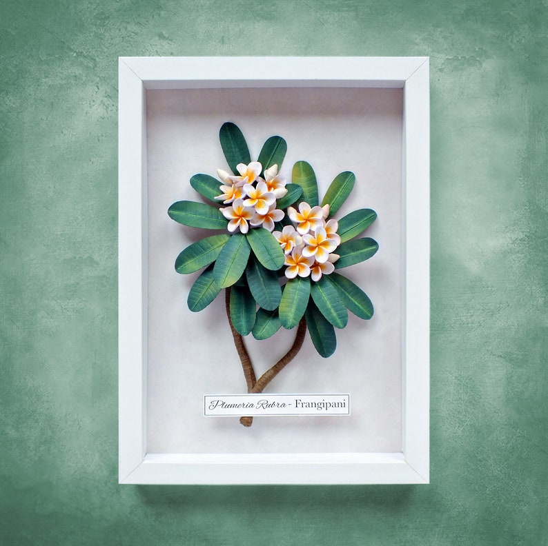 Plumeria Frangipani Wall Art Tropical Leaves Exotic Flowers Botanical Art White Green Tropical Decor 3D Paper Quilling Gift for Mum image 2