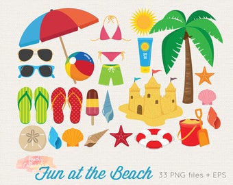 May include: A set of 33 beach-themed illustrations, including a beach umbrella, sunglasses, a beach ball, flip-flops, a sandcastle, a palm tree, a life preserver, a bucket and shovel, seashells, and starfish. The illustrations are in a cartoon style and are perfect for use in digital or printed projects.
