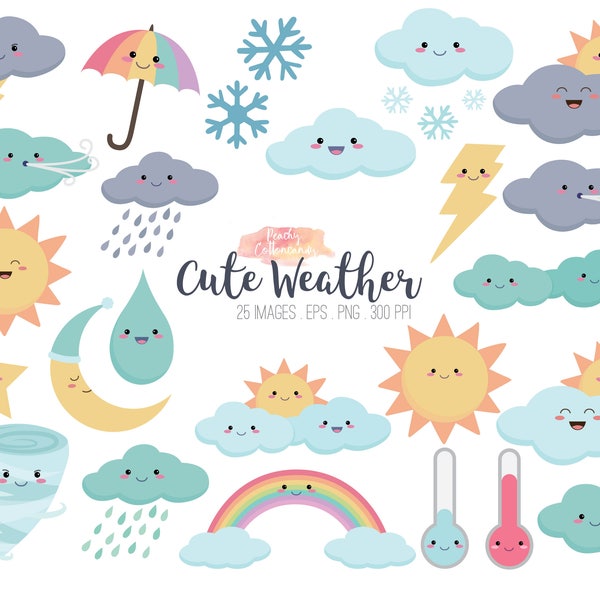 BUY 4 GET 50% OFF Cute Weather Clipart - kawaii weather clip art & illustration - vector kawaii clipart - rainbow clipart