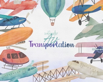 BUY 4 GET 50% OFF Watercolor Air Transportation Airplane Clipart - Air Plane Clip Art - aeroplane clipart - Helicopter Vintage Aircraft