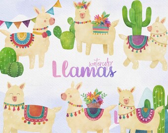 Puede incluir: Ilustración de acuarela de siete llamas con mantas de silla de montar coloridas y borlas. Las llamas están rodeadas de cactus y banderas de banderines. El texto "watercolor llamas" está escrito en morado en la parte inferior de la imagen.