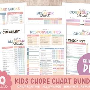 May include: A set of 20 printable chore charts for kids. The charts are designed to help children learn responsibility and develop good habits. The charts include a variety of tasks, such as making their bed, brushing their teeth, and helping with chores around the house. The charts are colorful and engaging, and they are perfect for kids of all ages.