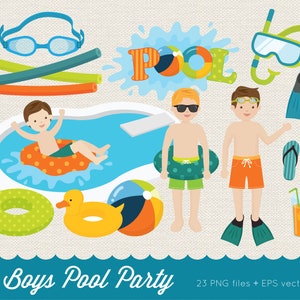 Boys Pool Party Clipart: Summer Beach Graphics (PNG, EPS)