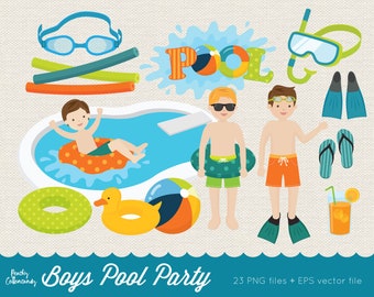 Boys Pool Party Clipart: Summer Beach Graphics (PNG, EPS)