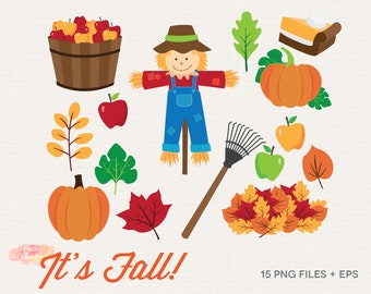 Clipart de otoño: Calabazas, hojas, espantapájaros (descarga digital)