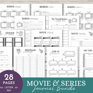 Puede incluir: Un conjunto de páginas de diario imprimibles en blanco y negro para el seguimiento de películas y series. Incluye páginas para reseñas, listas de seguimiento y bingo. El paquete incluye 28 páginas en formatos A4, Letter y A5 PDF.